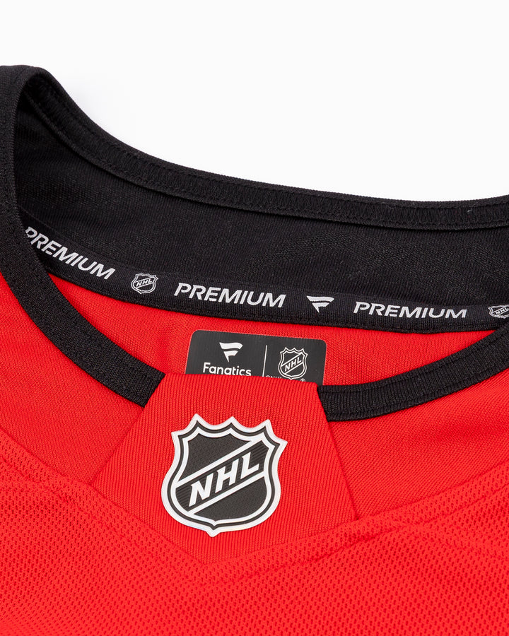 premium Fanatcs home Chicago Blackhawks jersey with Ethan Del Mastro name and number - neckline detail lay flat