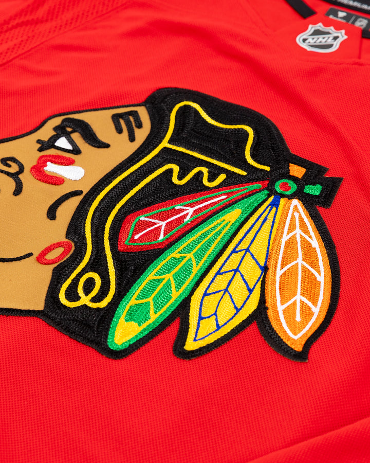 premium Fanatcs home Chicago Blackhawks jersey with Colton Dach name and number - front detail lay flat