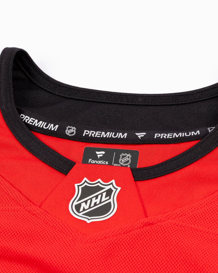 premium Fanatcs home Chicago Blackhawks jersey with Colton Dach name and number - neckline detail lay flat