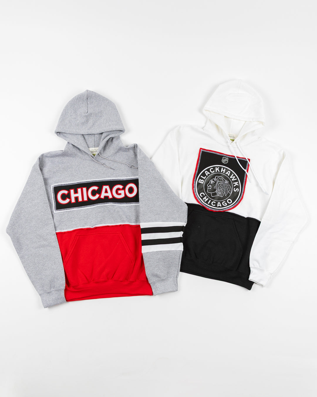 Refried brand hoodies made with upcycled Chicago Blackhawks jerseys - front lay flat