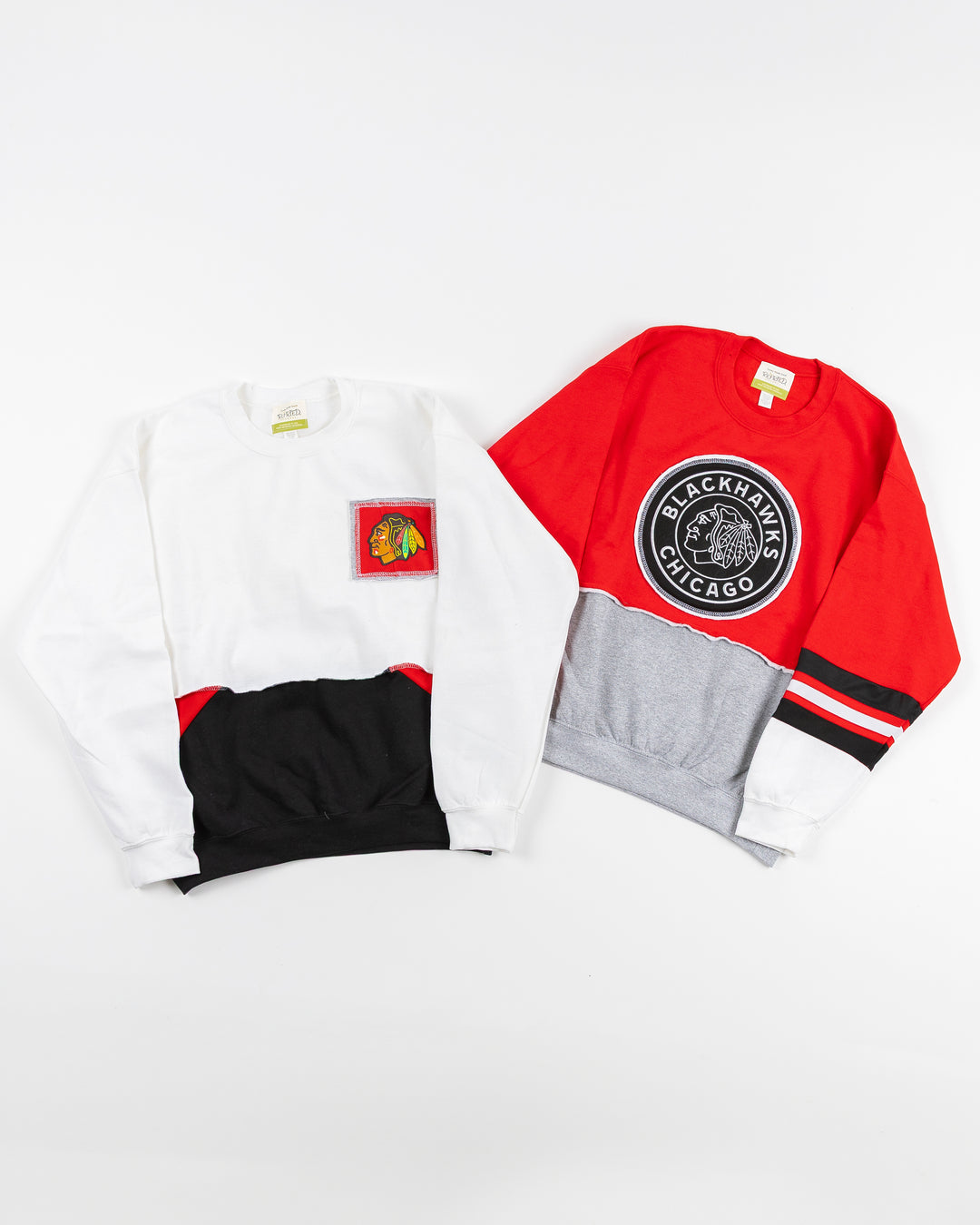 Refried brand crewnecks made with upcycled materials of Chicago Blackhawks jerseys - front lay flat