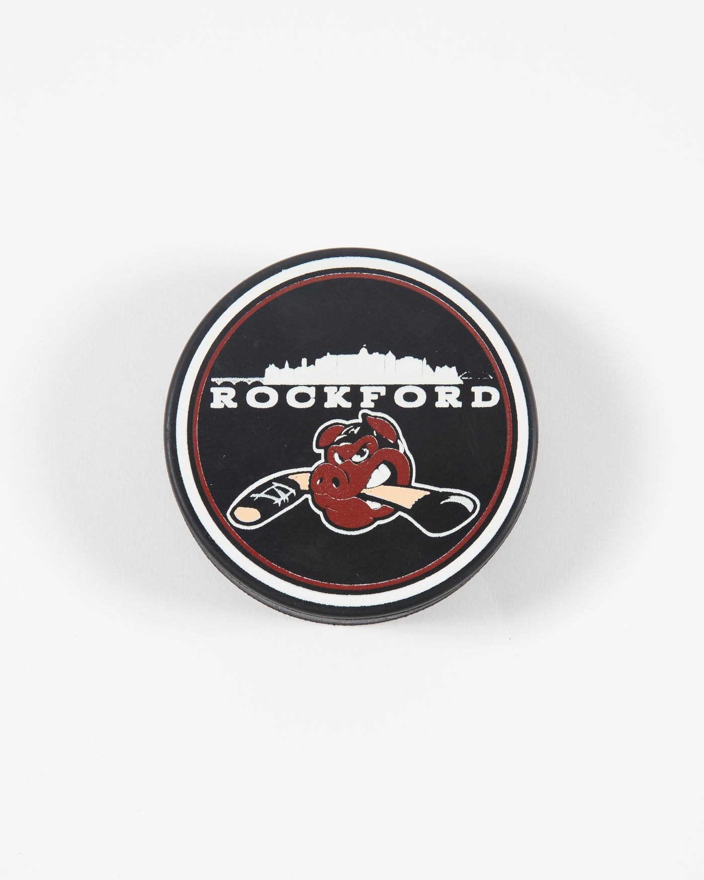 Black Rockford IceHogs hockey puck with skyline graphic - front lay flat