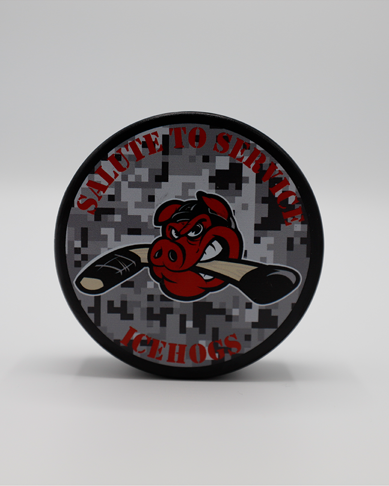black and grey Rockford IceHogs hockey puck with Salute to Service wordmark and Hammy logo on front - front lay flat