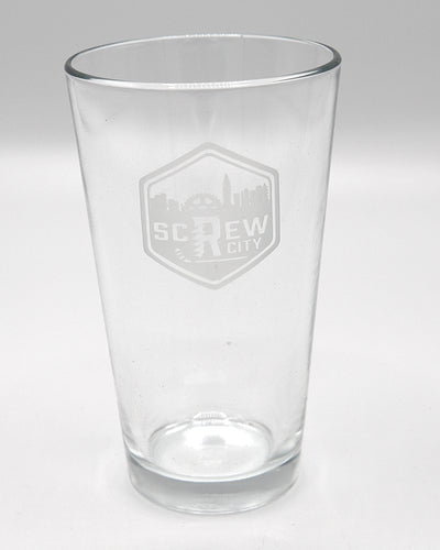 pint glass with Rockford IceHogs Screw City graphic on front - front lay flat