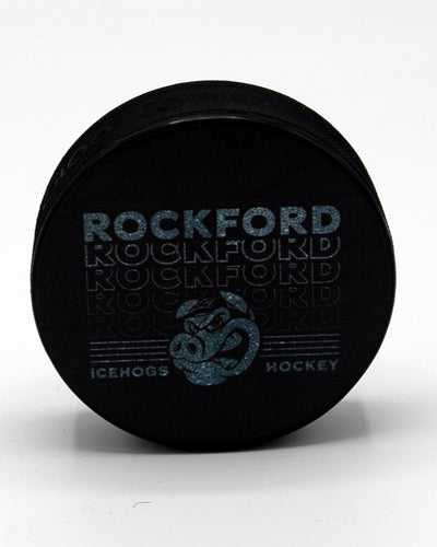 black repeating wordmark Rockford IceHogs puck with Hammy on front - front lay flat
