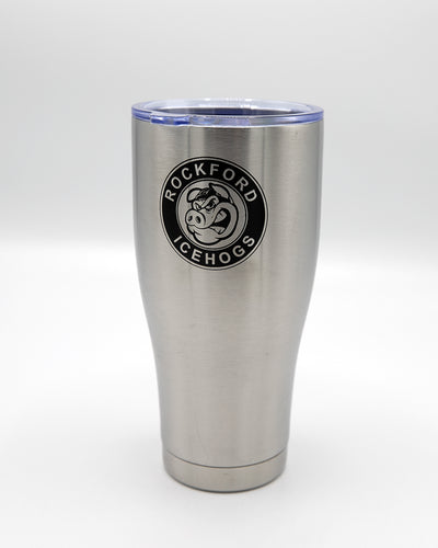 silver Rockford IceHogs tumbler with logo - front lay flat