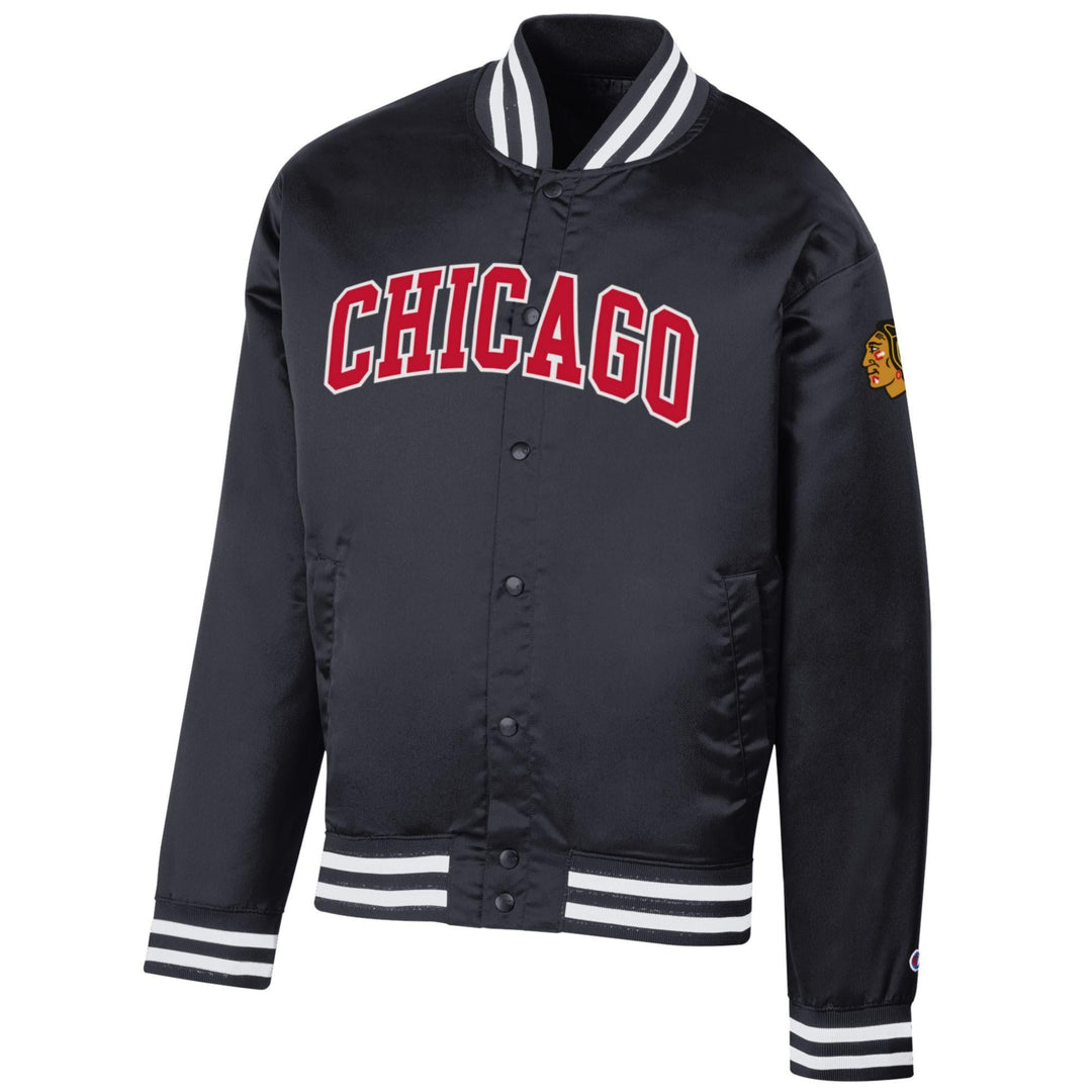 Black varsity jacket with 'Chicago' text on a white background