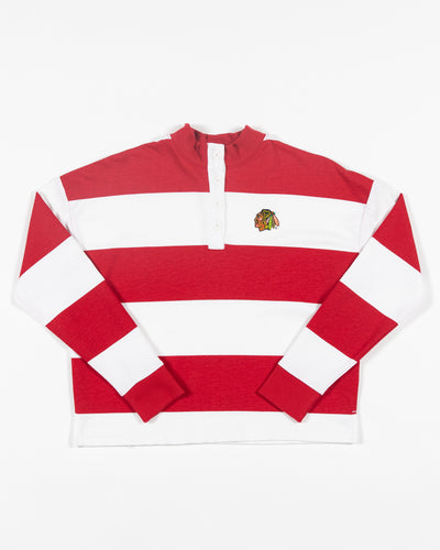 red and white striped Antigua rugby long sleeve shirt with embroidered Chicago Blackhawks primary logo on left chest - front lay flat