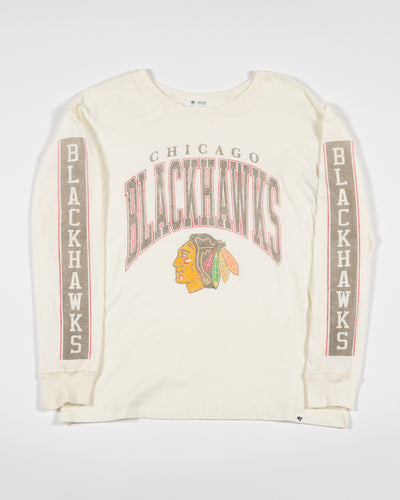'47 brand white long sleeve tee with Chicago Blackhawks branding on sleeves and center chest - front lay flat
