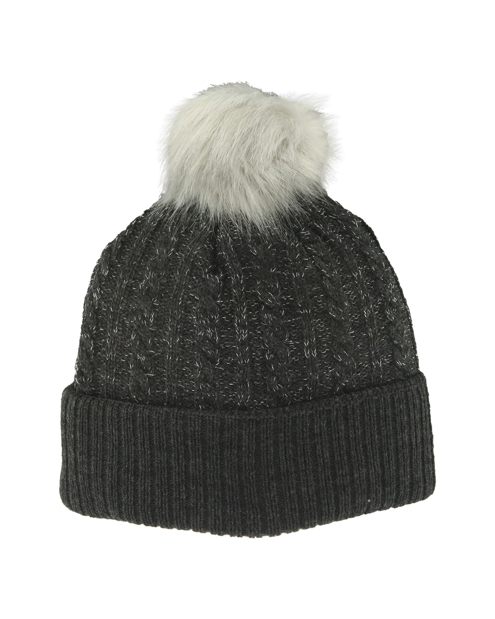 dark grey marled Rockfrod IceHogs ladies pom knit hat with white silver pom on top - back lay flat