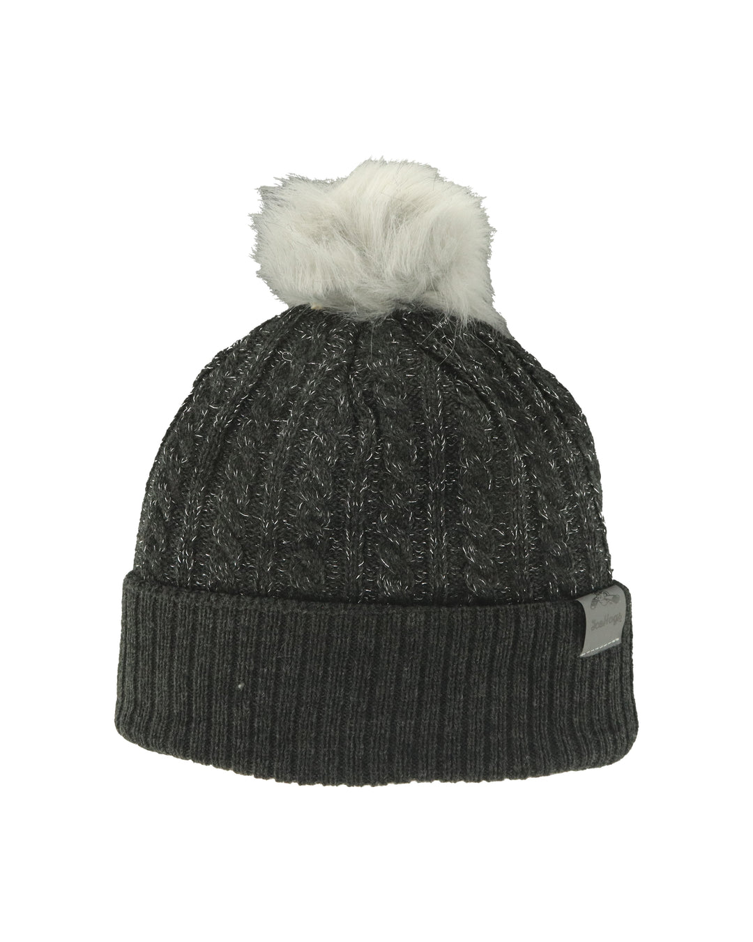 dark grey marled Rockfrod IceHogs ladies pom knit hat with white silver pom on top - front lay flat