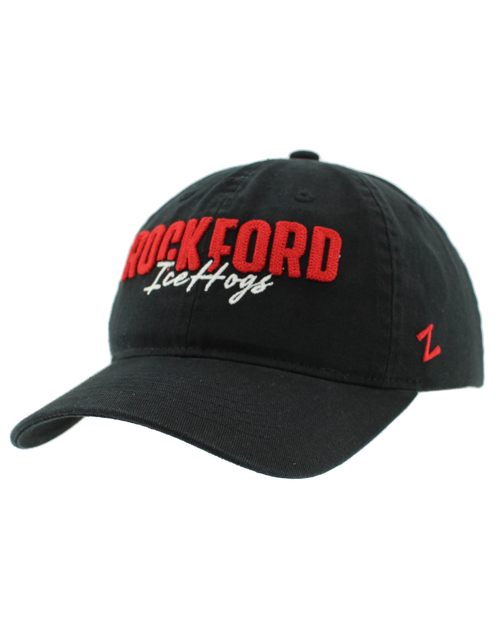 black Rockford IceHogs adjustable Zephyr hat with wordmark embroidered on front - left angle lay flat