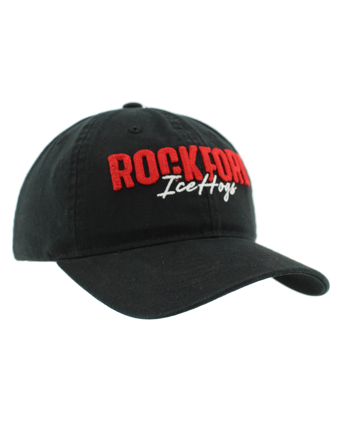 black Rockford IceHogs adjustable Zephyr hat with wordmark embroidered on front - right angle lay flat