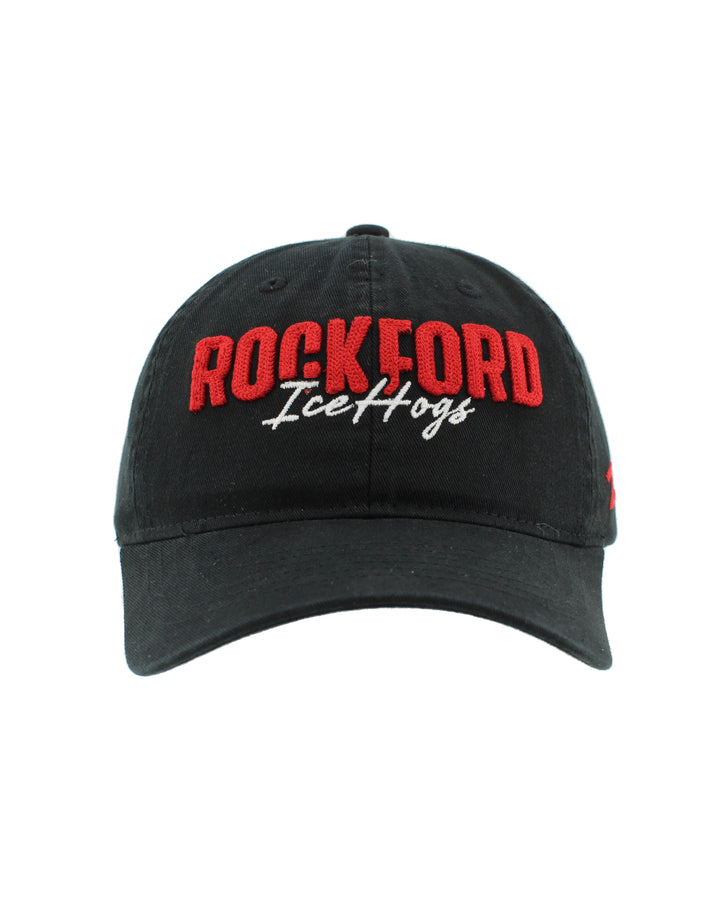 black Rockford IceHogs adjustable Zephyr hat with wordmark embroidered on front - front lay flat