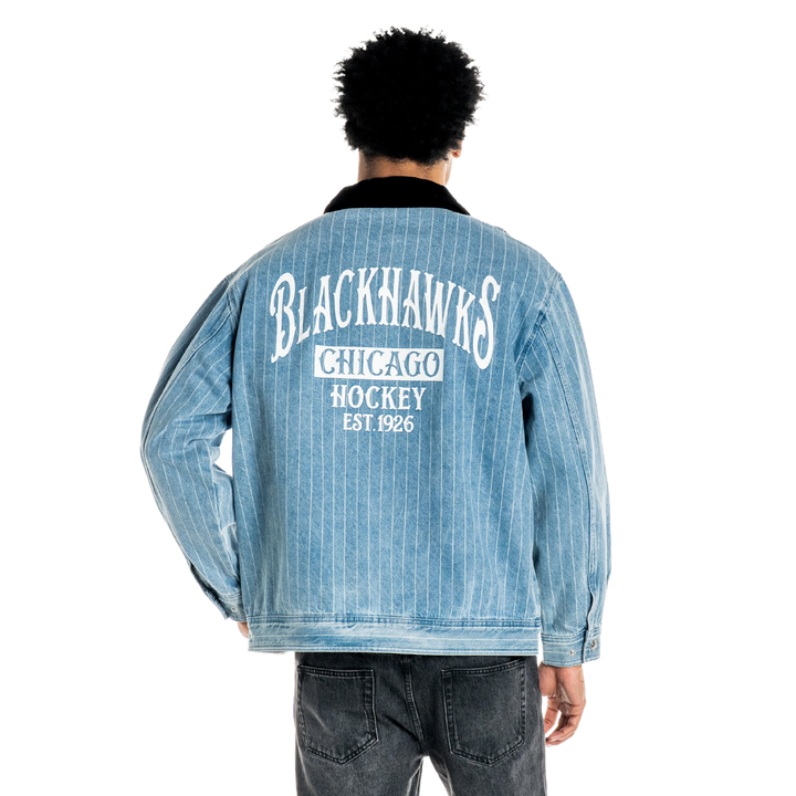 Wild Collective Chicago Blackhawks Unisex Pinstripe Denim Jacket