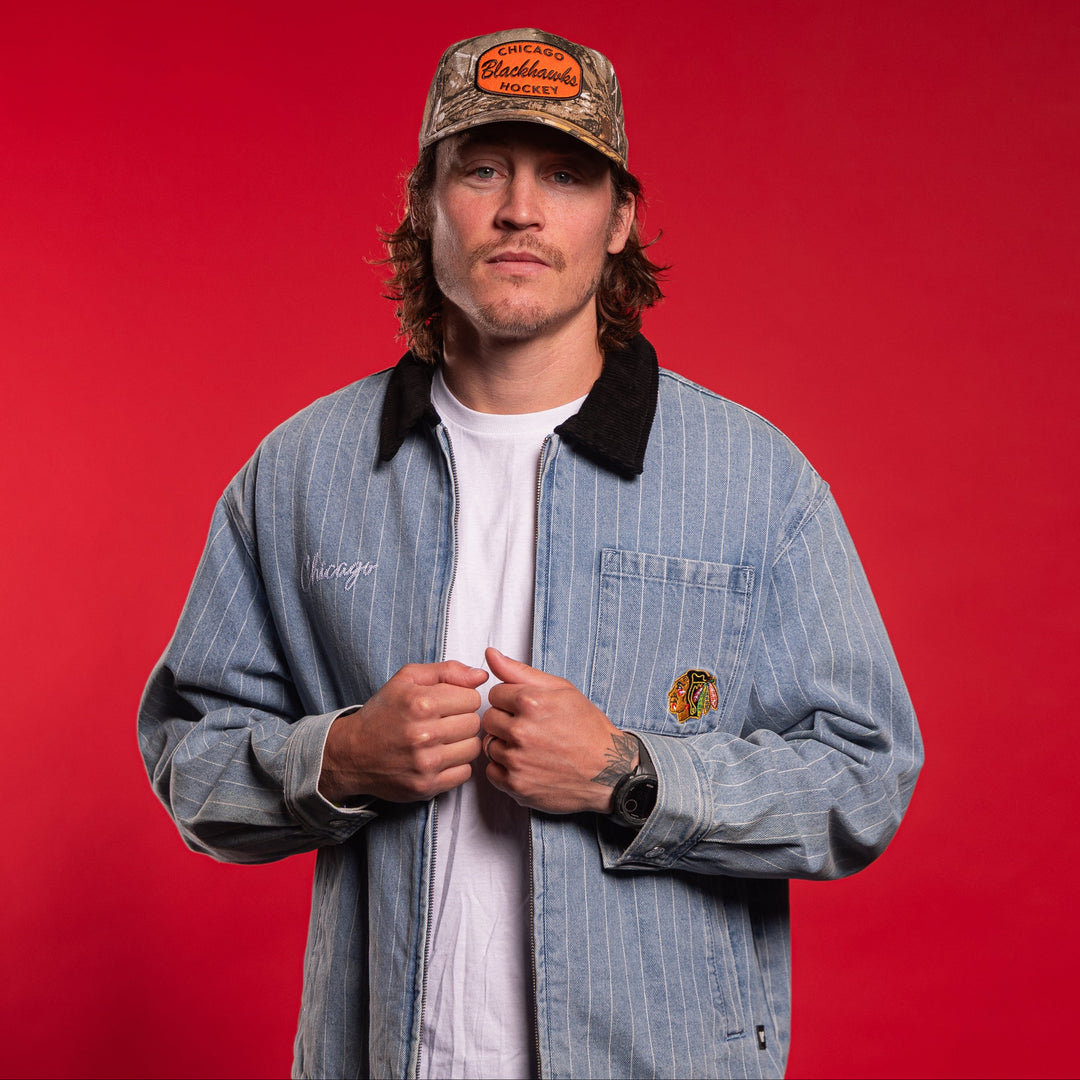 Wild Collective Chicago Blackhawks Unisex Pinstripe Denim Jacket