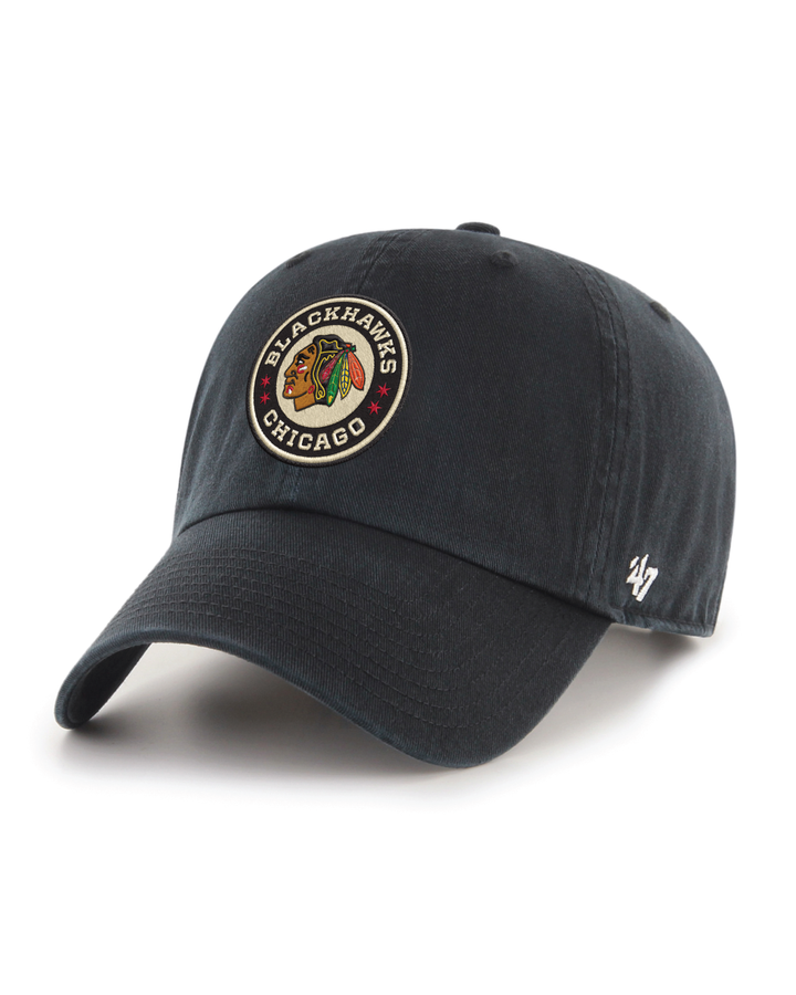 black '47 brand adjustable cap with Chicago Blackhawks Winter Classic logo on front - left angle lay flat