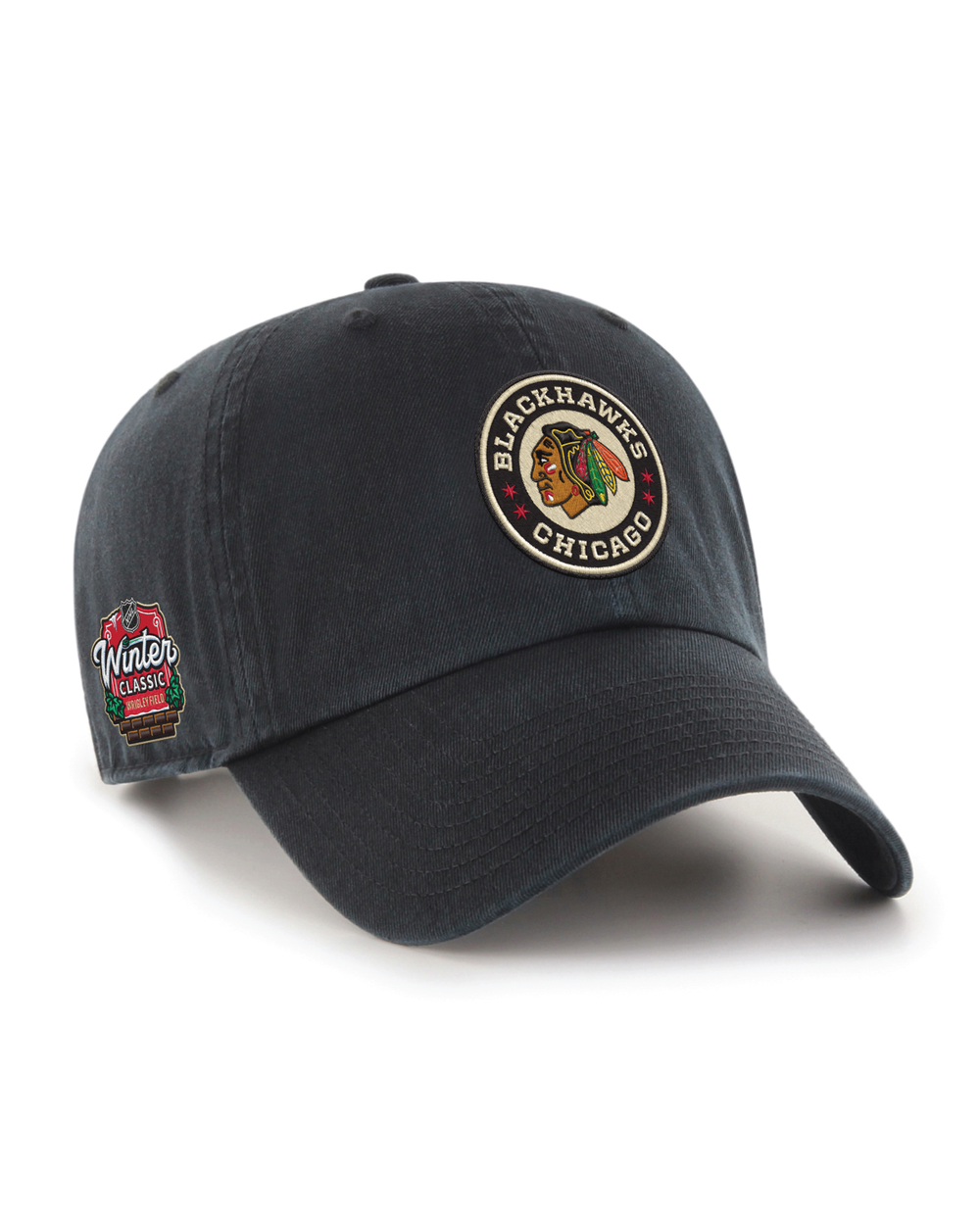 black '47 brand adjustable cap with Chicago Blackhawks Winter Classic logo on front - right angle lay flat