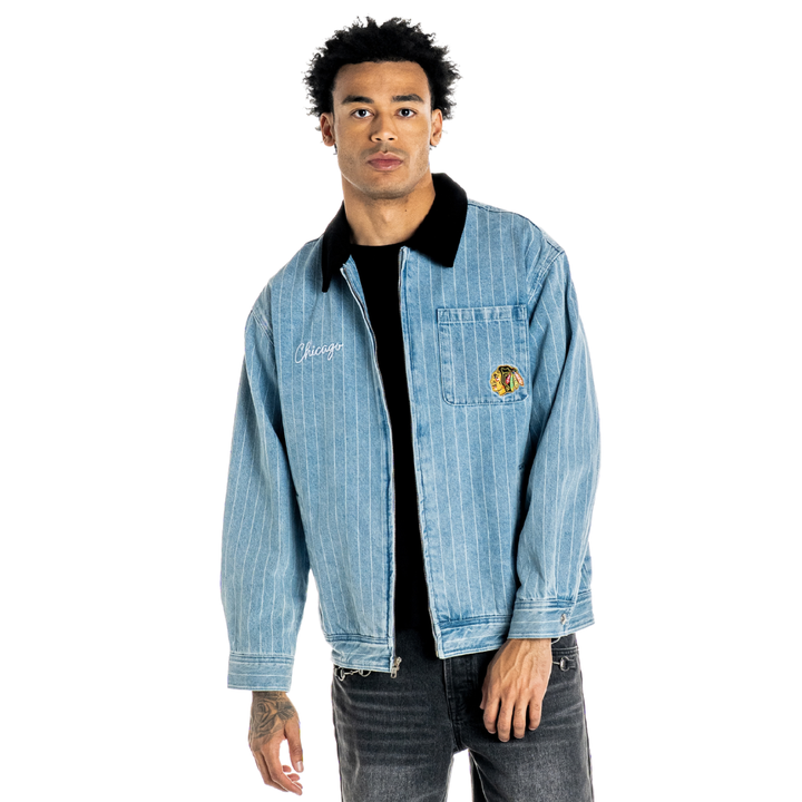 Wild Collective Chicago Blackhawks Unisex Pinstripe Denim Jacket