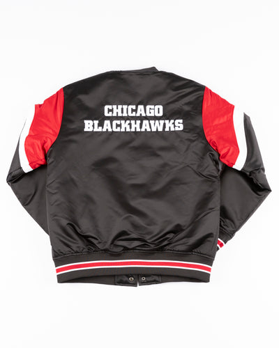 black Mitchell & Ness satin varsity jacket with Chicago Blackhawks primary logo on left chest and wordmark on back yoke - back lay flat