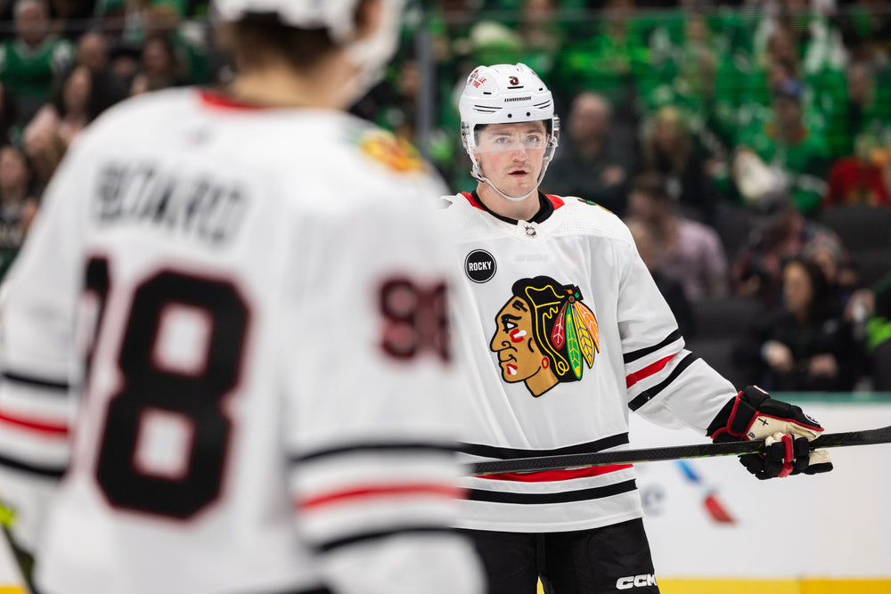 Chicago Blackhawks player Ryan Donato in away adidas jersey 