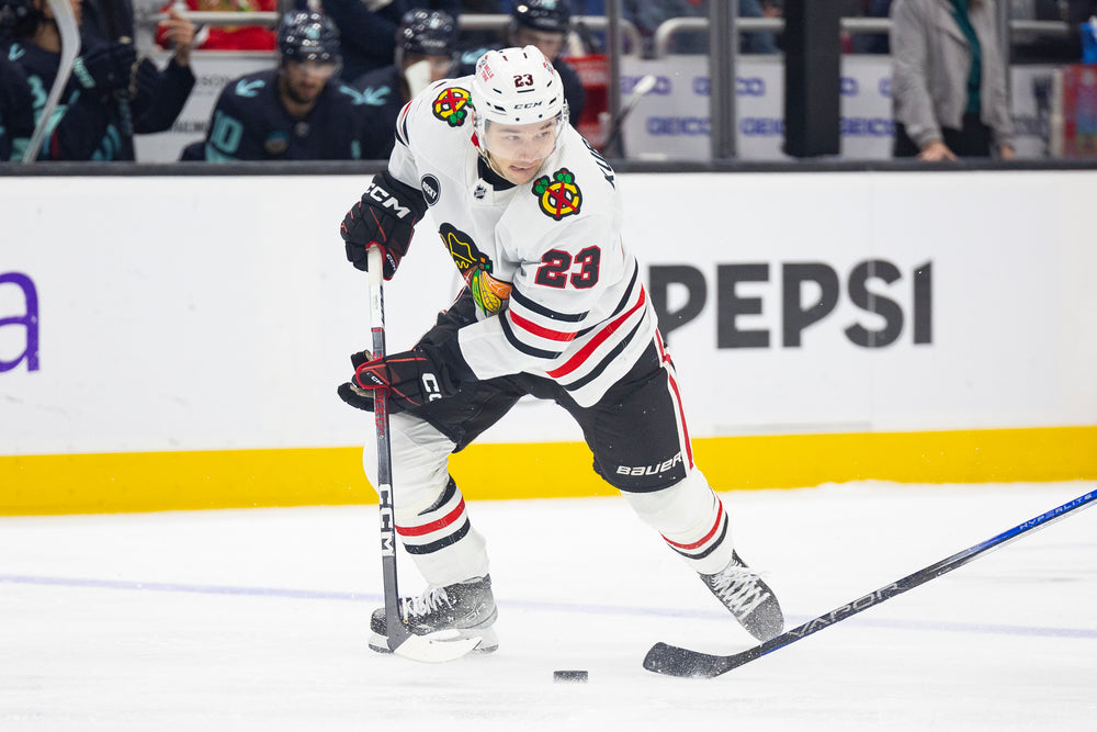 Chicago Blackhawks player Philipp Kurashev at away game against Seattle Kraken