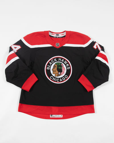 Autographed Chicago Blackhawks Nicolas Beaudin team issued reverse retro jersey - front angle