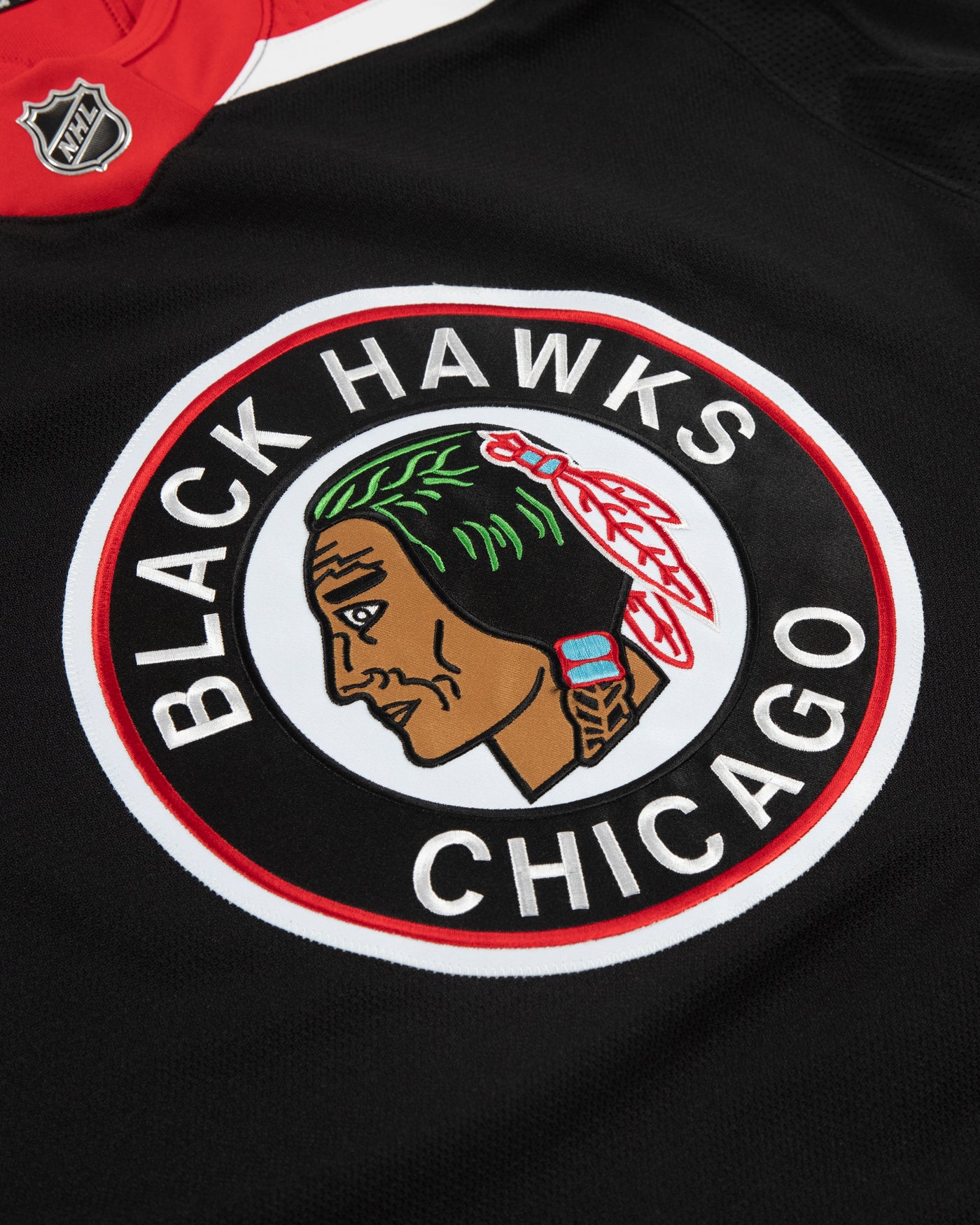 Autographed Chicago Blackhawks Nicolas Beaudin team issued reverse retro jersey - close up of front