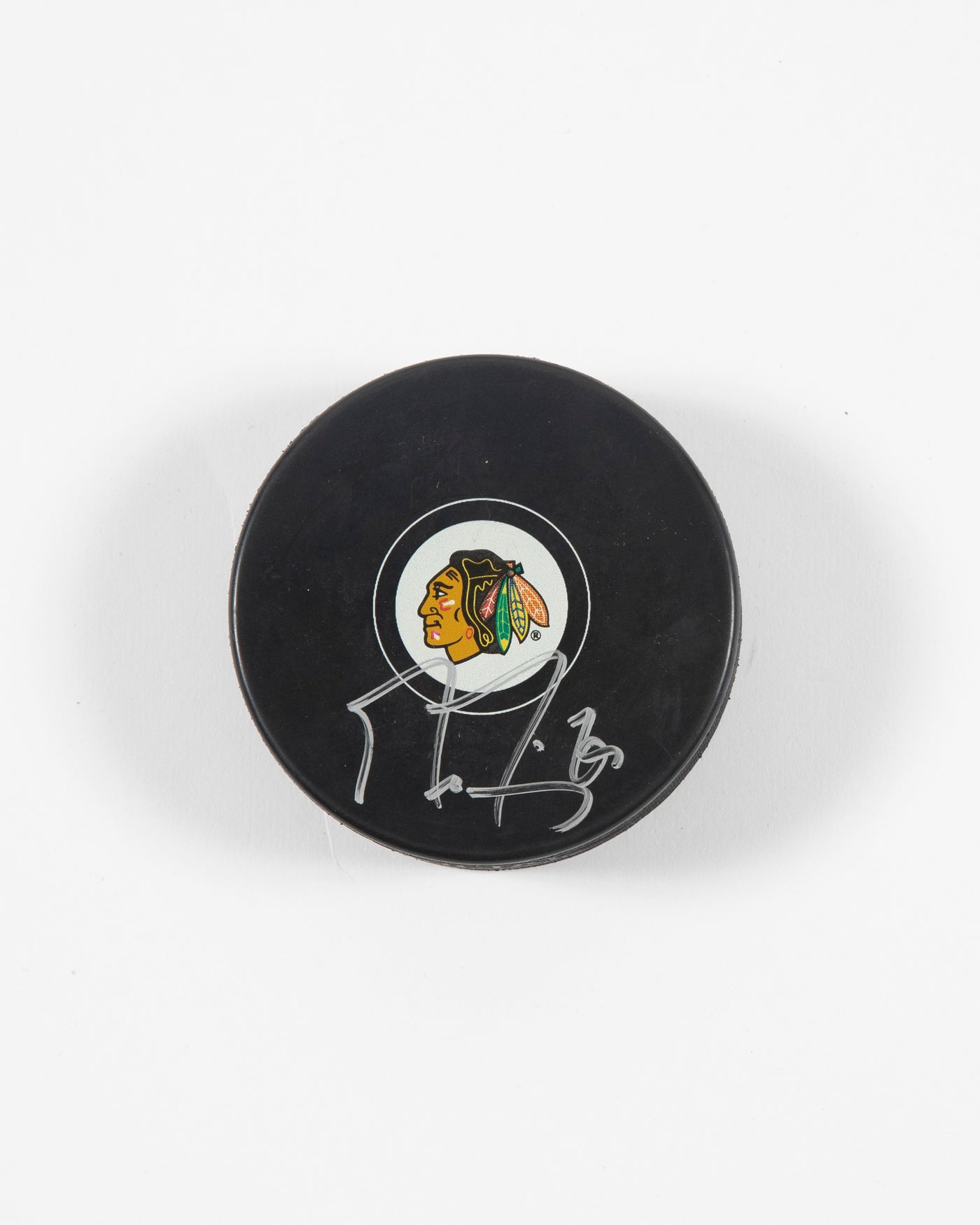 Signed Chicago Blackhawks Marc-André Fleury hockey puck - front angle