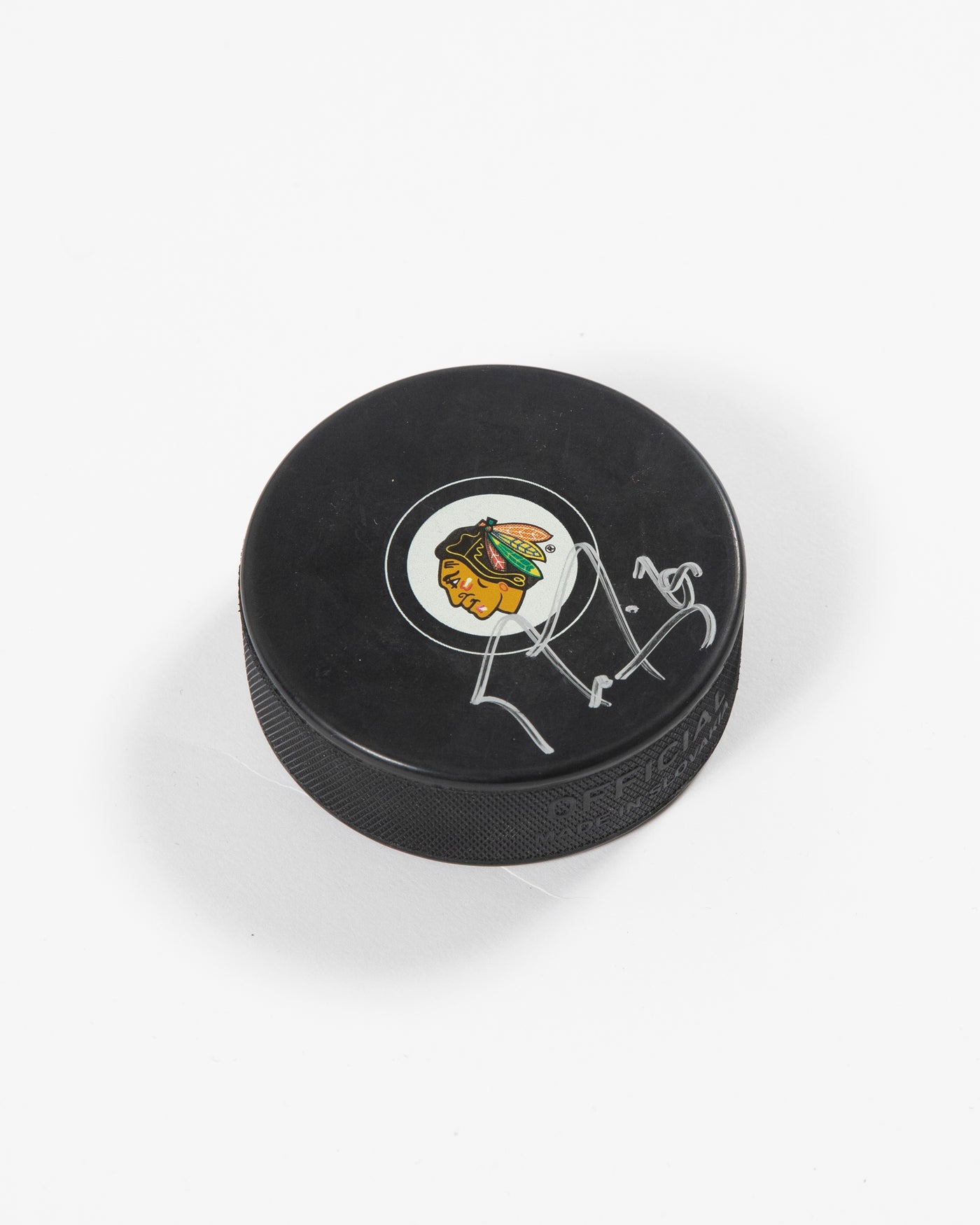 Signed Chicago Blackhawks Marc-André Fleury hockey puck - side angle