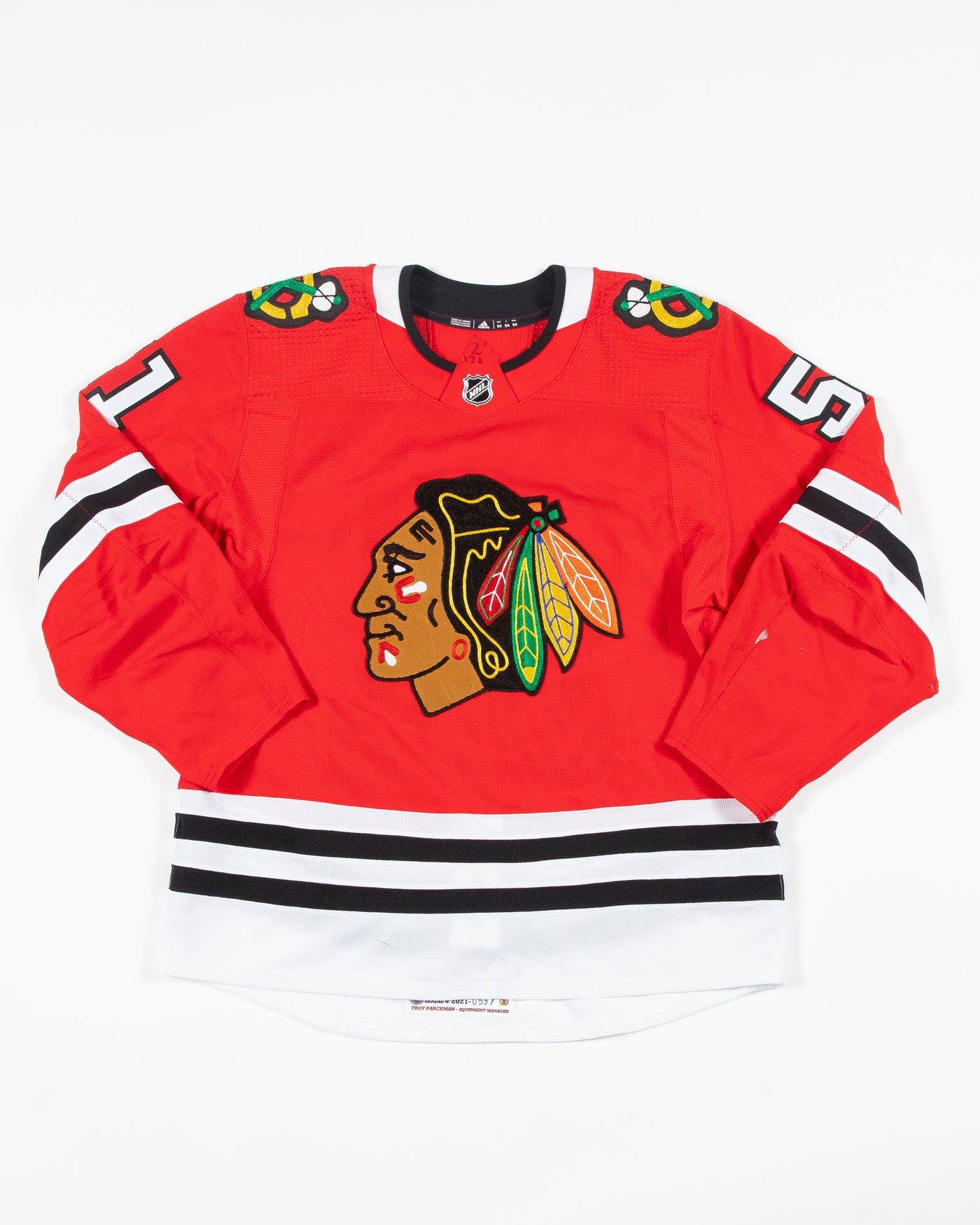 Autographed Chicago Blackhawks Ian Mitchell team issued red jersey - front angle