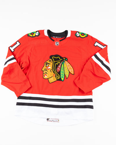 red home Chicago Blackhawks Adam Gaudette team issued jersey - front lay flat