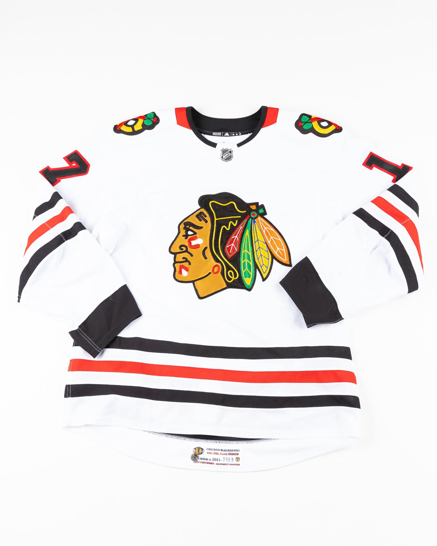 Dylan Strome white Chicago Blackhawks team issued away jersey - front lay flat 