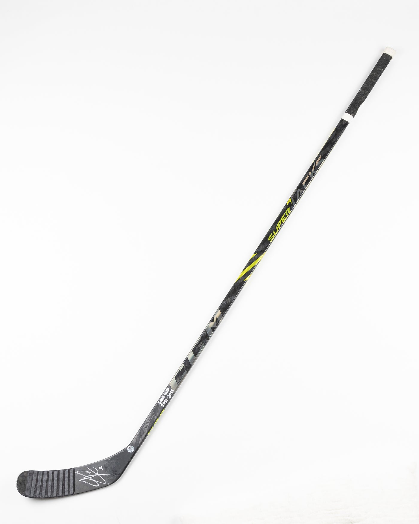 signed and game used Chicago Blackhawks Seth Jones hockey stick - front lay flat