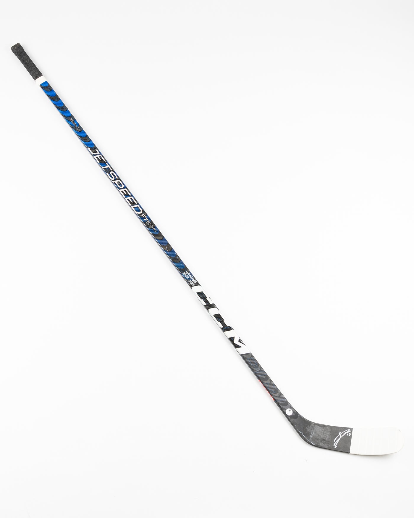 signed and game used Chicago Blackhawks Jason Dickinson hockey stick - front lay flat