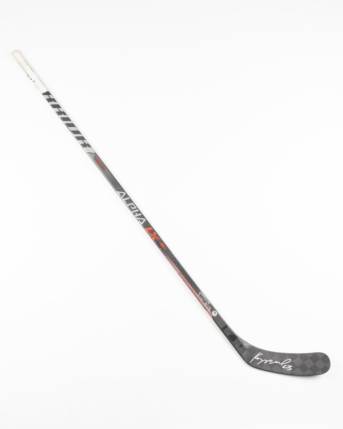 signed and game used Chicago Blackhawks Philipp Kurashev hockey stick - front lay flat