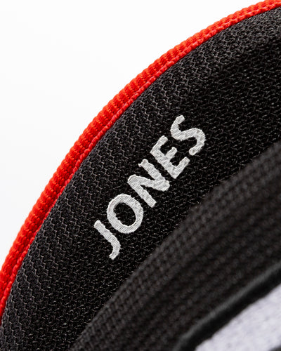 game-used Seth Jones Chicago Blackhawks CCM hockey gloves - detail name lay flat