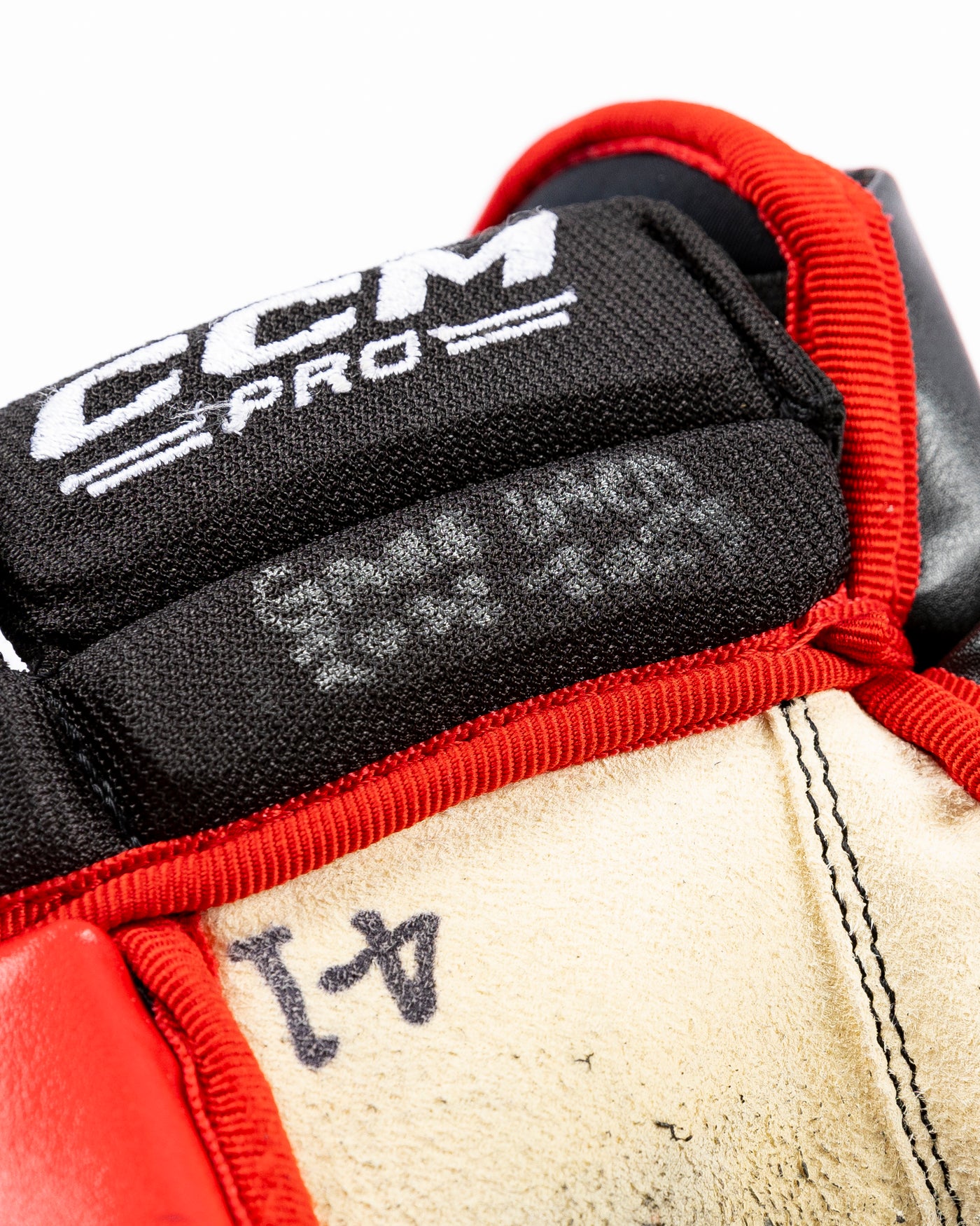 game-used Seth Jones Chicago Blackhawks CCM hockey gloves - alt detail lay flat