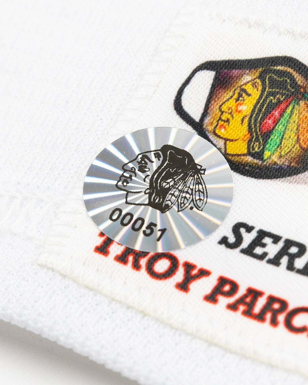 white team issued Chicago Blackhawks jersey with Collin Delia name and number - hologram detail lay flat