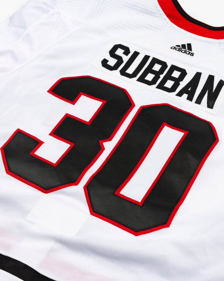 white away Chicago Blackhawks game-used Malcolm Subban jersey - back detail lay flat