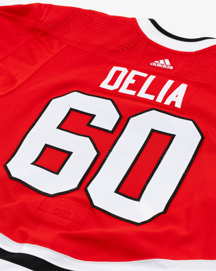 red home game-used Chicago Blackhawks jersey of Collin Delia - back detail lay flat