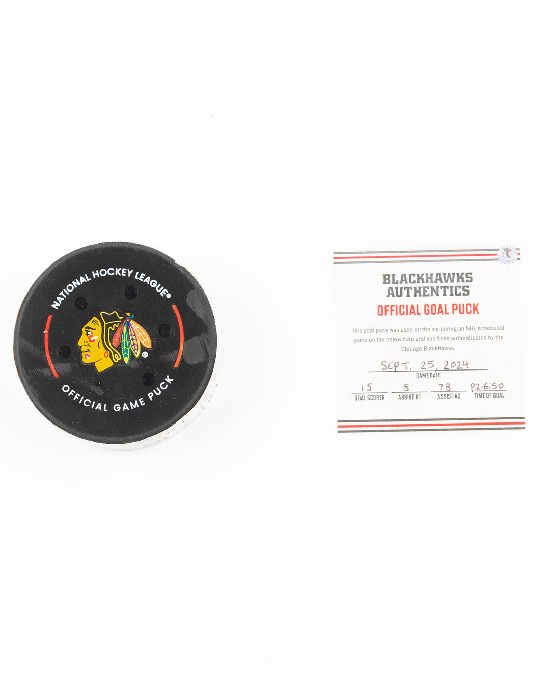 Craig Smith Game-Used Preseason Goal Puck 9/25/24 15863