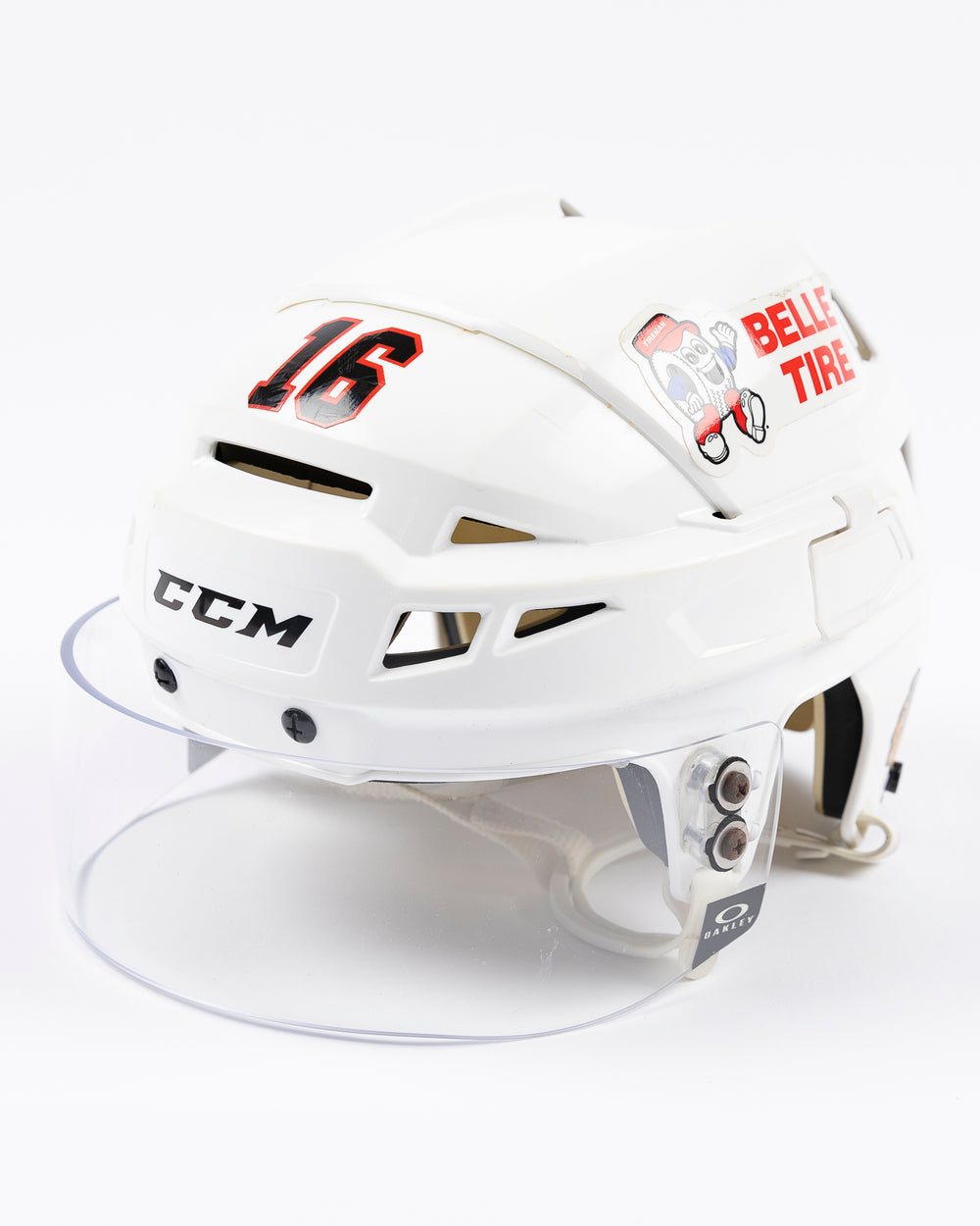 white CCM hockey helmet used by Chicago Blackhawks player Jason Dickinson - left angle lay flat