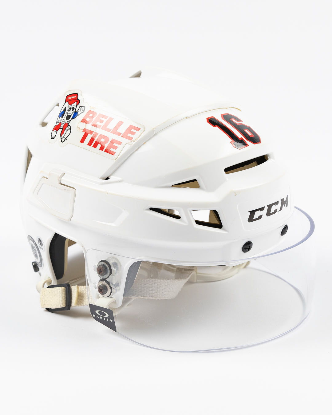 white CCM hockey helmet used by Chicago Blackhawks player Jason Dickinson - right angle lay flat