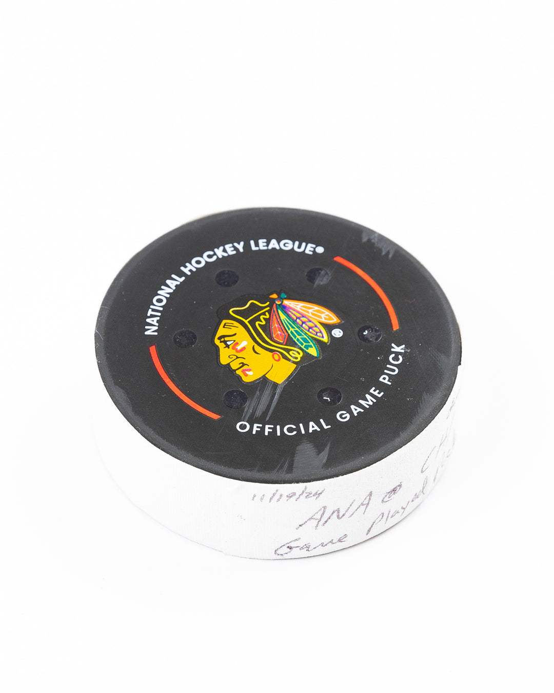 Chicago Blackhawks official game used puck against Anaheim Ducks in November 2024 - front angle lay flat