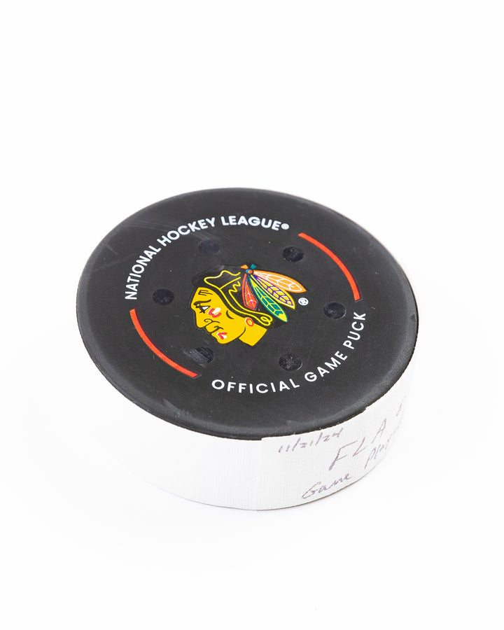 Chicago Blackhawks official game used puck against Florida Panthers in November 2024 - front angle lay flat