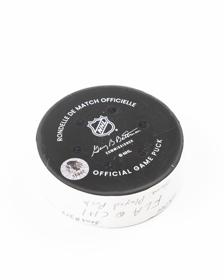 Chicago Blackhawks official game used puck against Florida Panthers in November 2024 - back angle lay flat