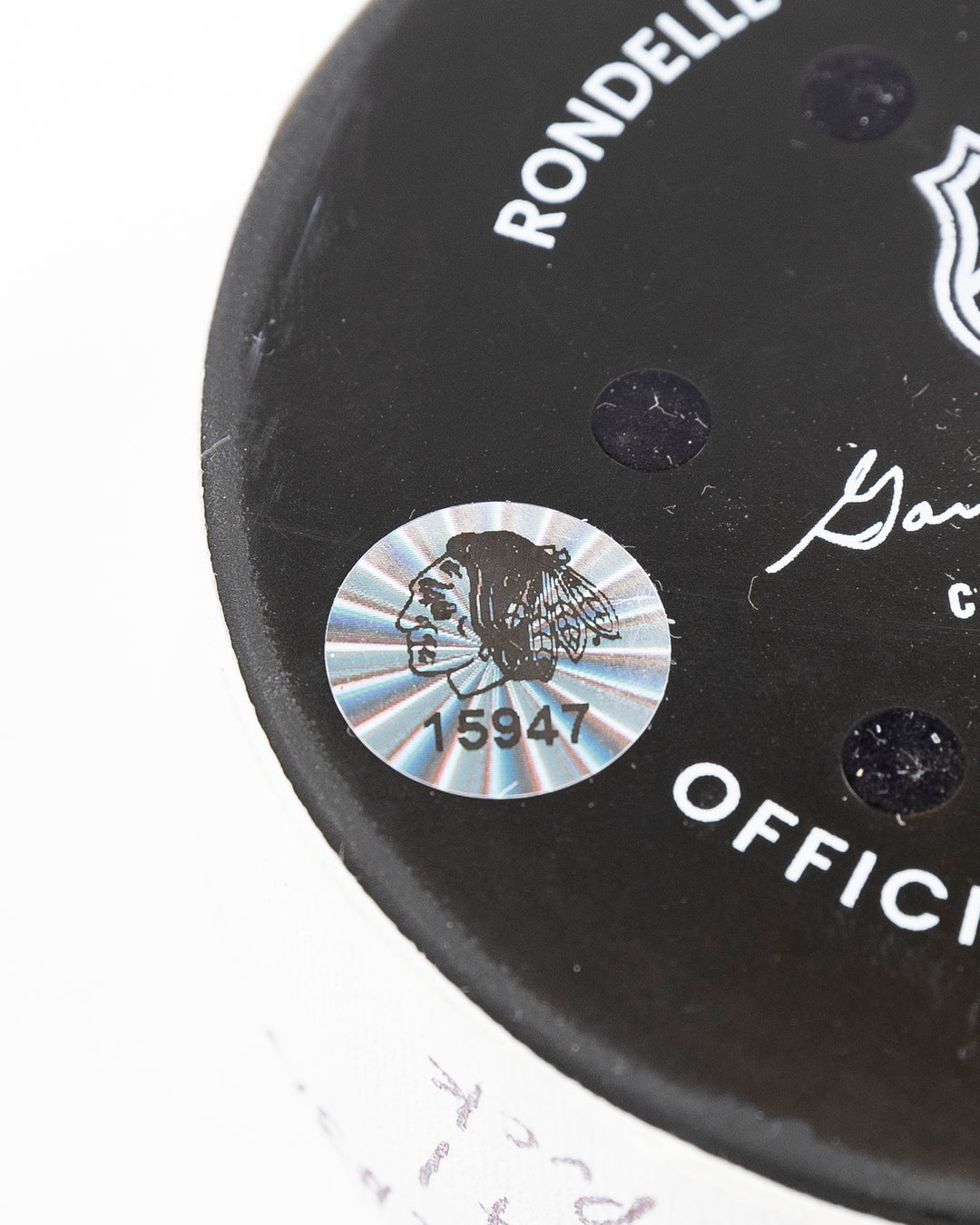 Chicago Blackhawks official game used puck against Florida Panthers in November 2024 - hologram sticker detail lay flat