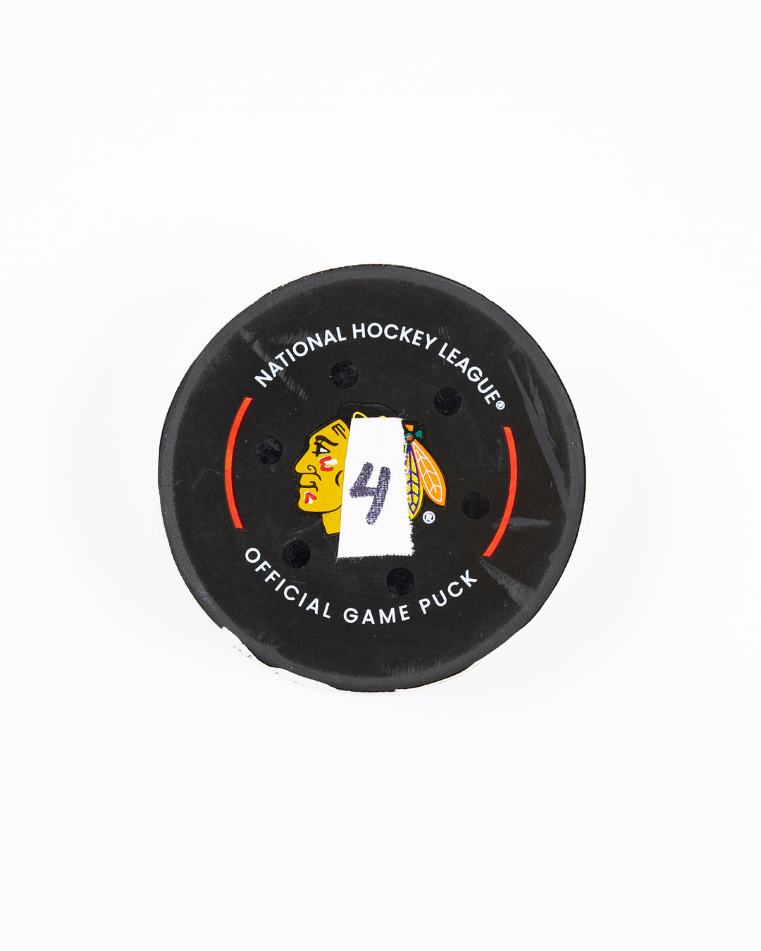 official Chicago Blackhawks hockey goal puck scored by Teuvo Teravainen against the Florida Panthers in November 2024 - front lay flat