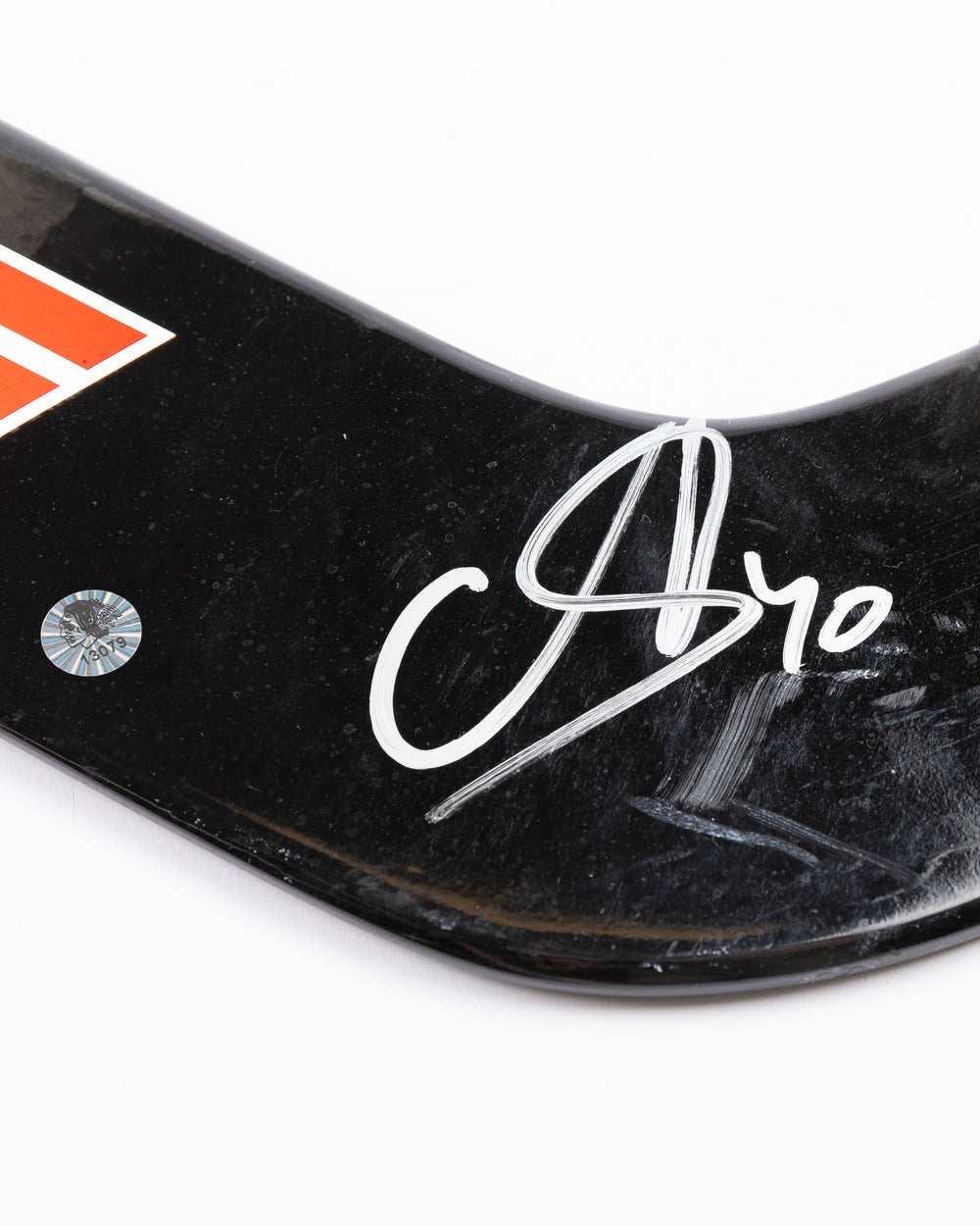 signed hockey stick from Chicago Blackhawks goalie Arvid Soderblom - autograph detail lay flat